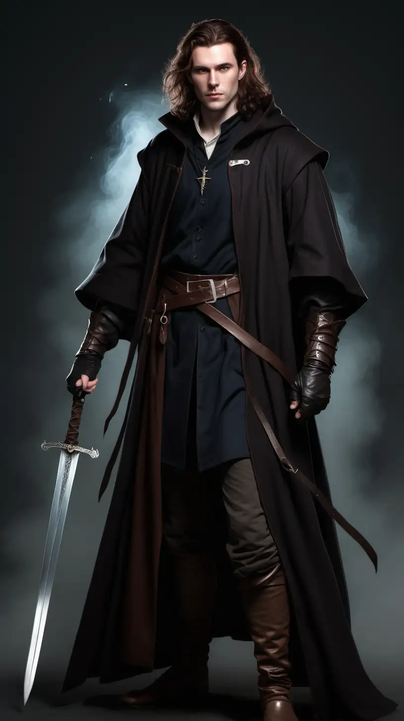Handsome White male wizard with brown hair wearing dark long coat with a sheathed longsword at his hip in a realistic dnd style