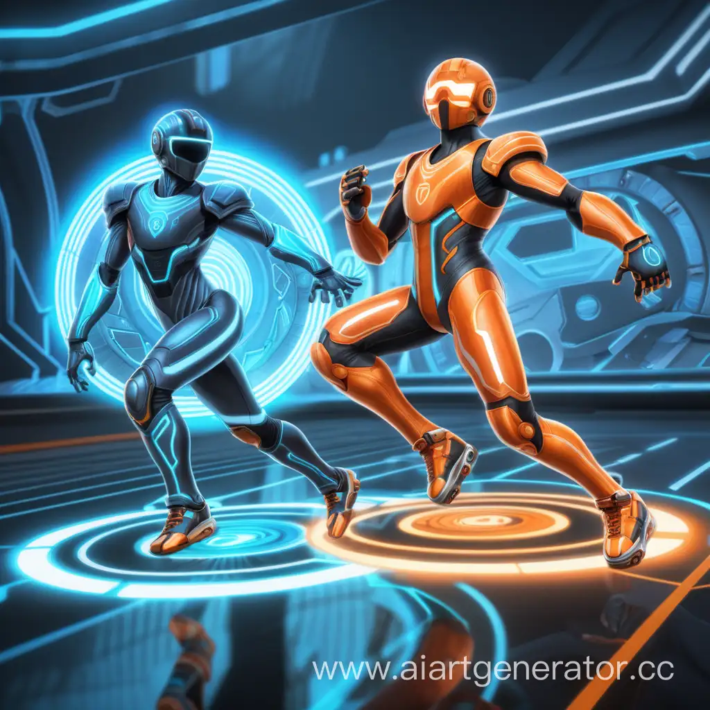 Two Game asset art similar to Tron but the players are on disc like rollerblades and are in a fighter stance. One is glowing orange and the other blue