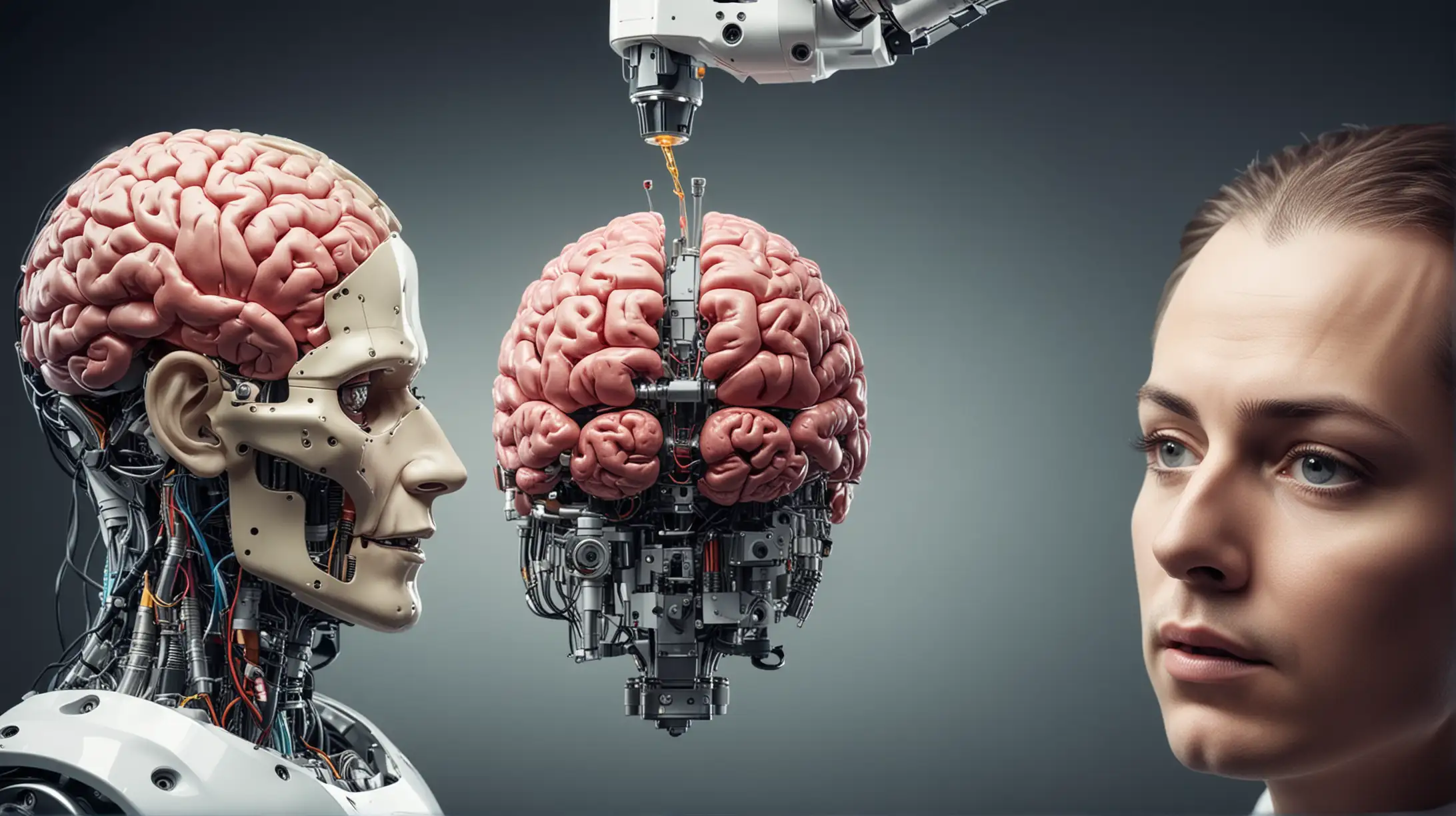 a robot head and brain being manipulated by scientists