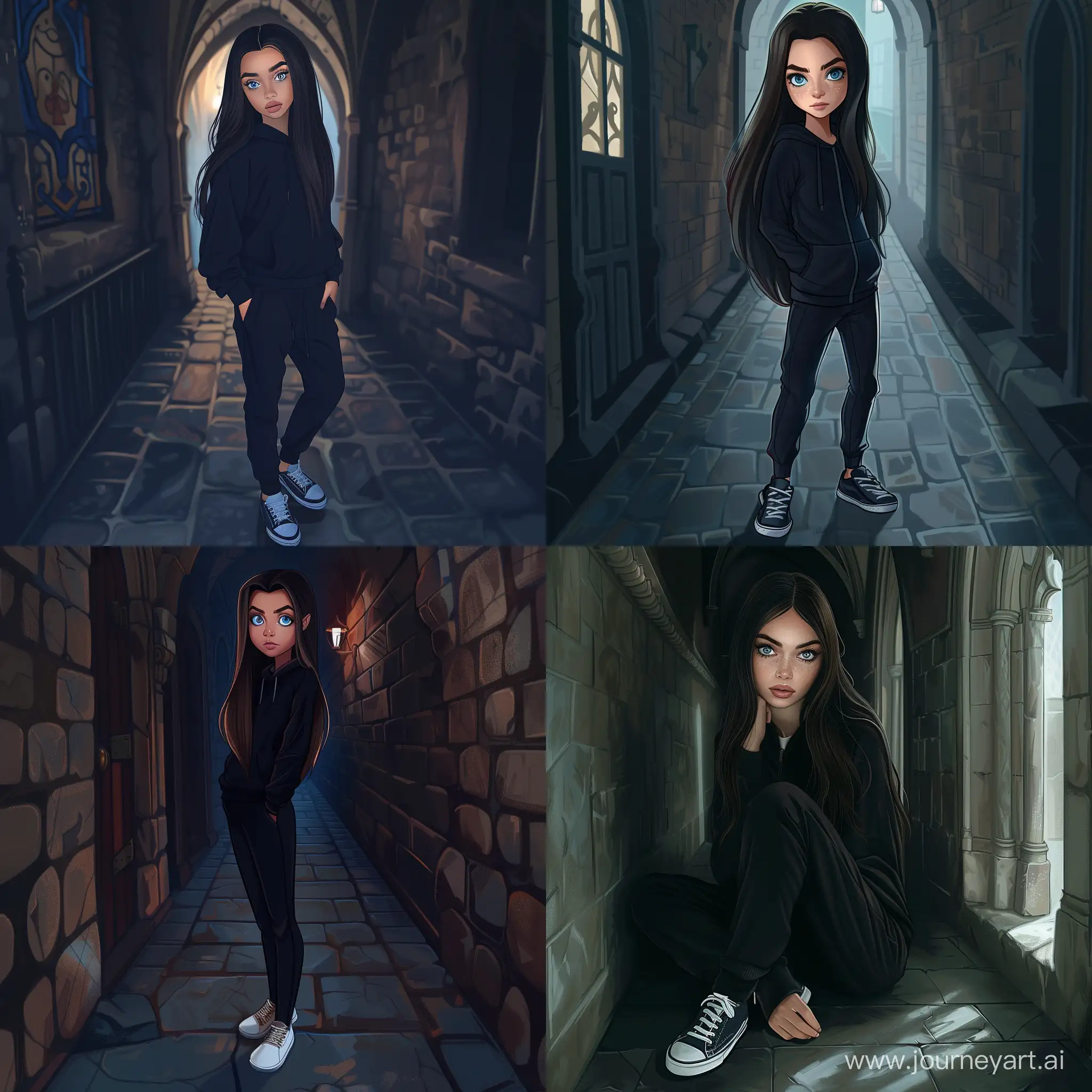 Beautiful girl, straight dark hair, blue eyes, white skin, teenager, 15 years old, black tracksuit, sneakers, gloomy corridor of Hogwarts, high quality, high detail, cartoon art