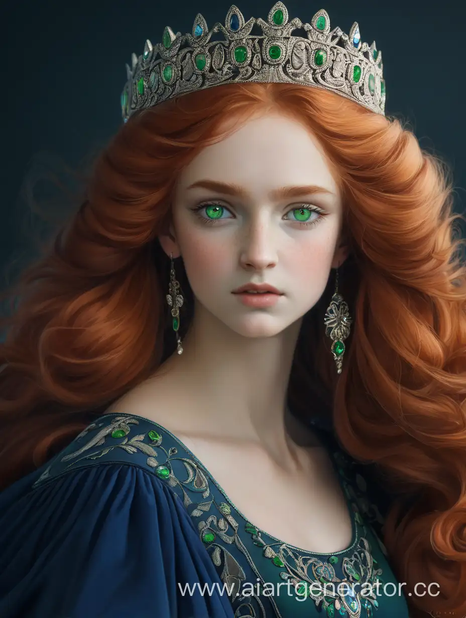 древнерусская рыжеволосая княгиня с зелеными глазами в темно-синем платье
