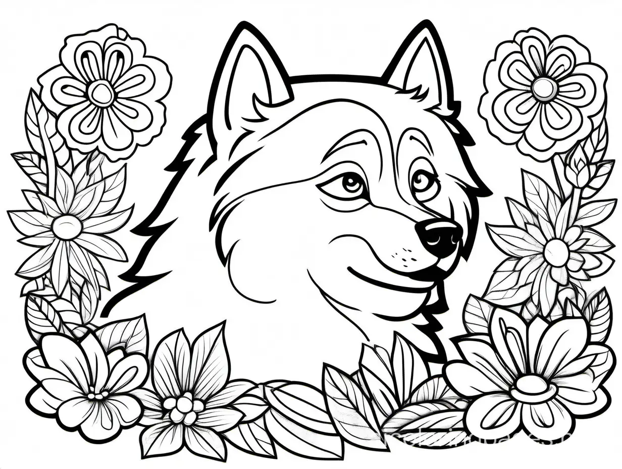a cute husky, looking hungry, full page flower floral, coloring book page, white background
, Coloring Page, black and white, line art, white background, Simplicity, Ample White Space. The background of the coloring page is plain white to make it easy for young children to color within the lines. The outlines of all the subjects are easy to distinguish, making it simple for kids to color without too much difficulty