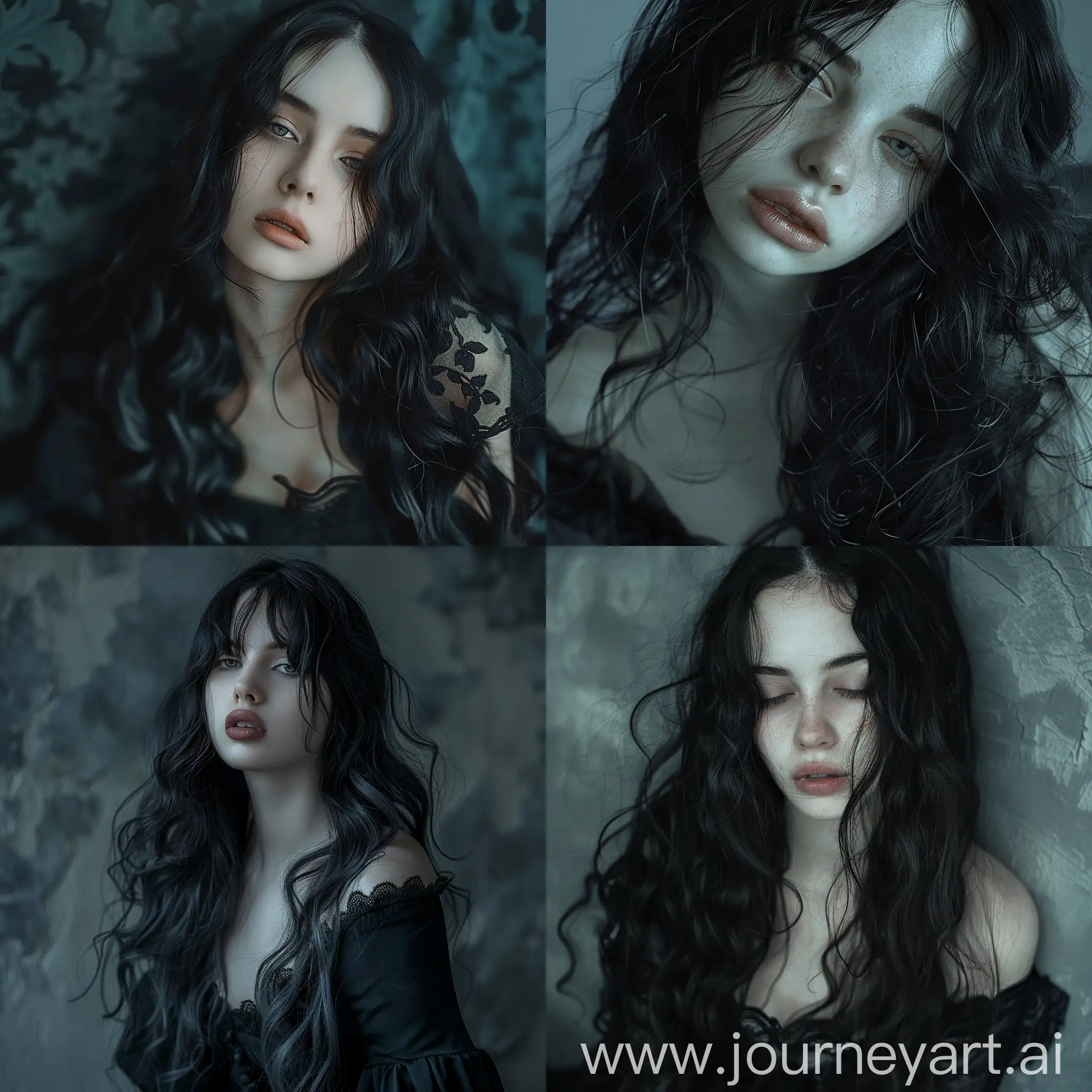 A woman with long wavy black hair pale skin grey sleepy sharp eyes, cinematic scene, not looking into the camera, pocker face, black dress, vintage vibe and filter, model pose, hyperdetailed photography