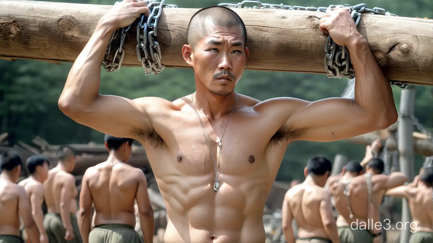 labour camp, person occupy about one-fourth of the picture,40 years old mature masculine athletic buzz cut handsome korean soldier forced to do heavy physical labour work carrying huge heavy wood log over his head, hairy armpit hair, shirtless and only in a tight dirty torn triangle cotton underpant, body chained by metal chains,he sweats heavily with visible shiny reflection on his body. he looks extremely exhausted, scars on the body