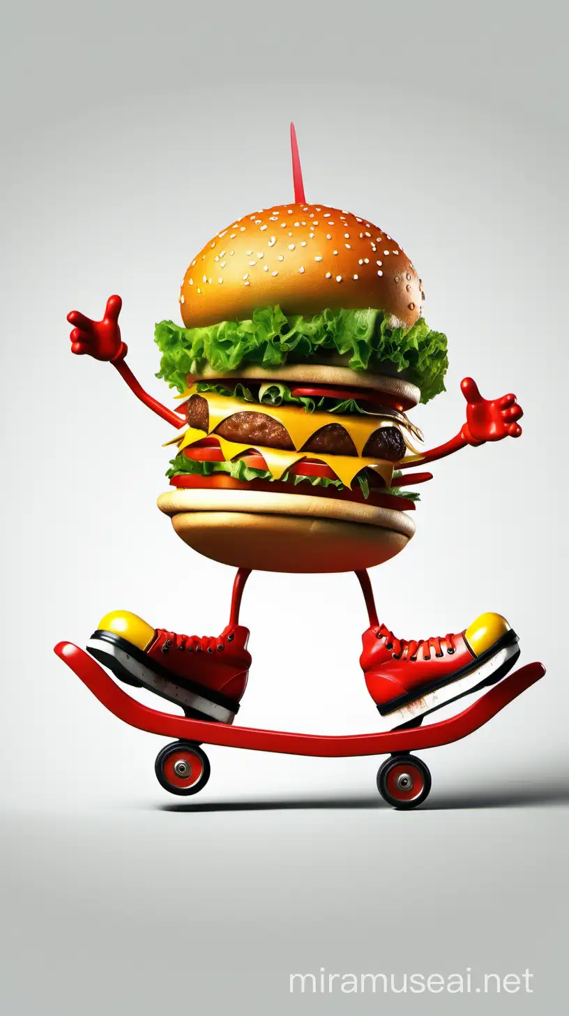 craft a design of a funny burger doing skating win white background