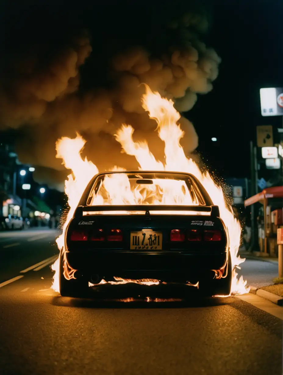 Japanese Drift Car Engulfed in Flames on Dark Night Street