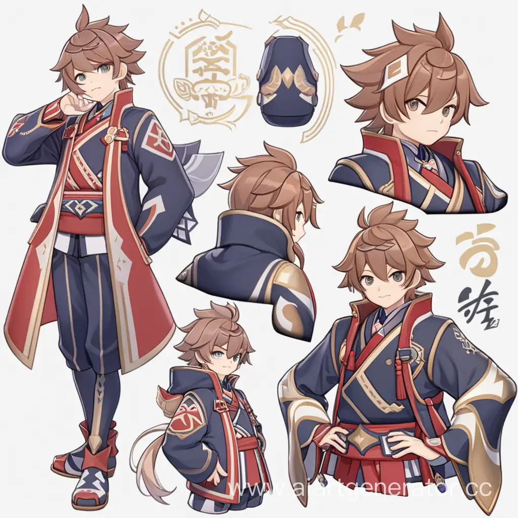 genshin impact, concept art, guy, inazuma, detailed clothes, different angles, interesting design, cute design, different characters, cute clothes, official art