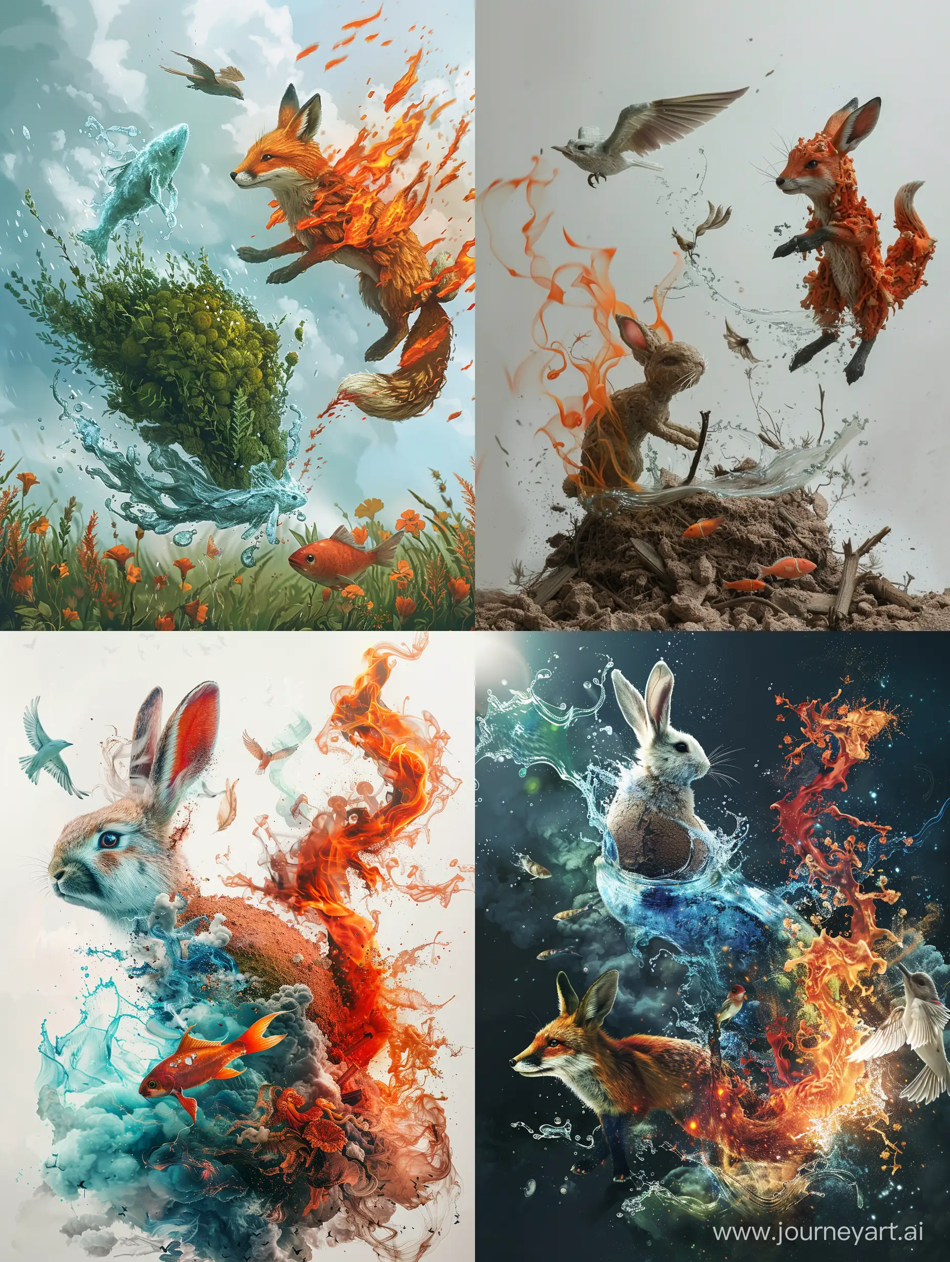 a rabbit made of earth and a fox made of fire and a fish made of water and a bird made of wind