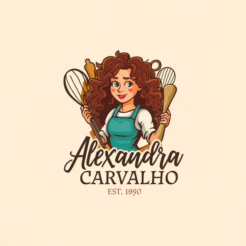 a logo design,with the text "Alexandra Carvalho", main symbol:girl with brown curly hair and bangs, holding some kitchen tools dark red circle,Moderate,be used in Restaurant industry,clear background