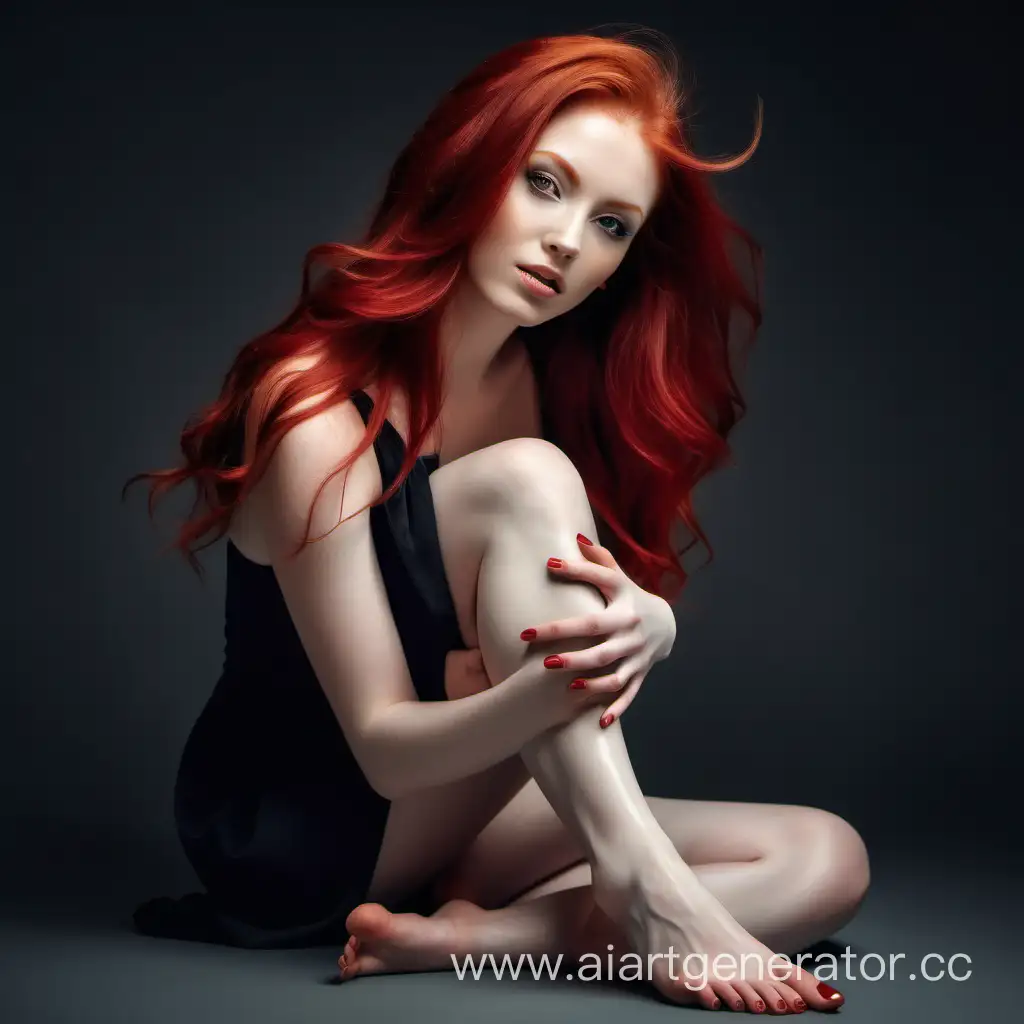 Красивая девушка с роскошным волосами рыжего цвета обратившись руками ногу 