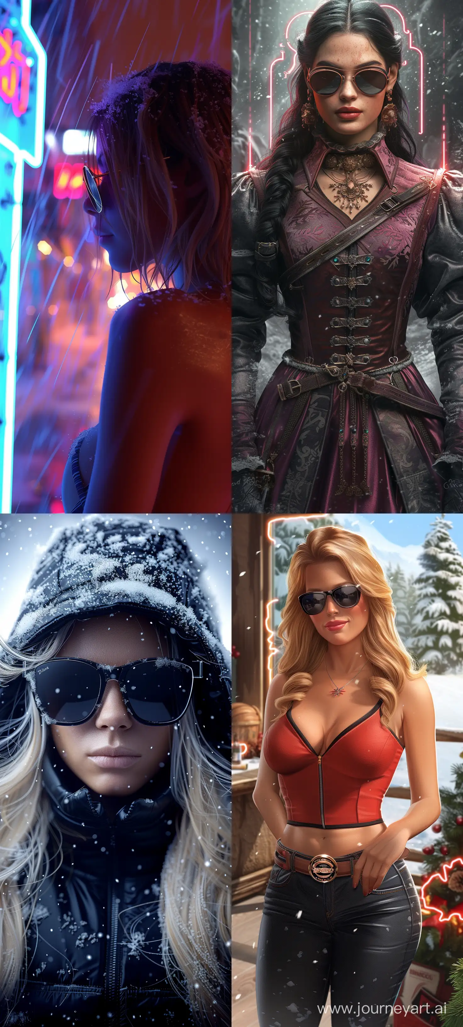  A beautiful woman in sunglasses, in the style of snow scenes, realistic and hyper-detailed renderings, neon lights, dima dmitriev, digital art techniques --ar 9:20 --c 40 --style raw --stylize 260 --v 6.0