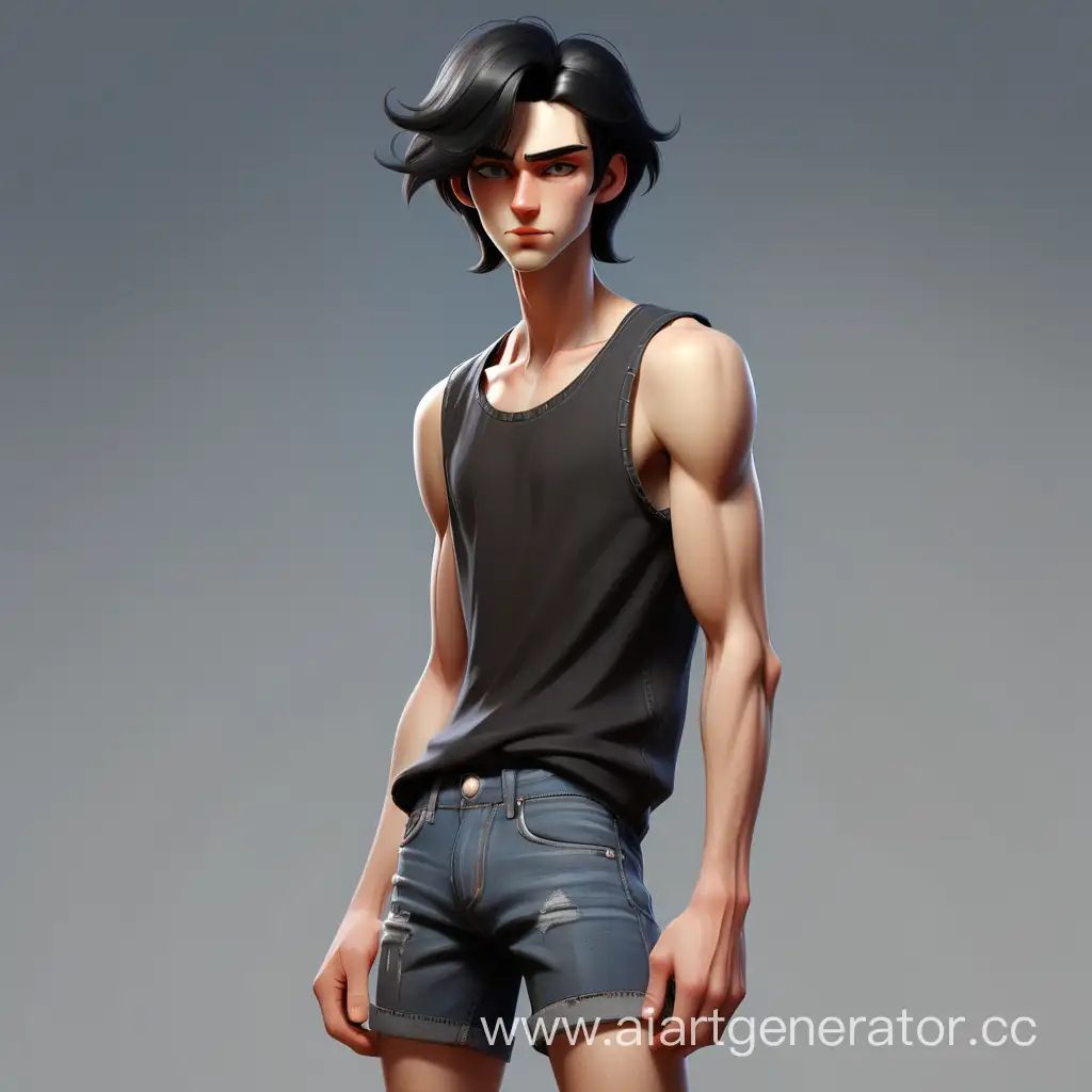Russian-Guy-in-Stylish-Pose-Youthful-Aesthetic-with-Black-Hair-and-Denim-Shorts