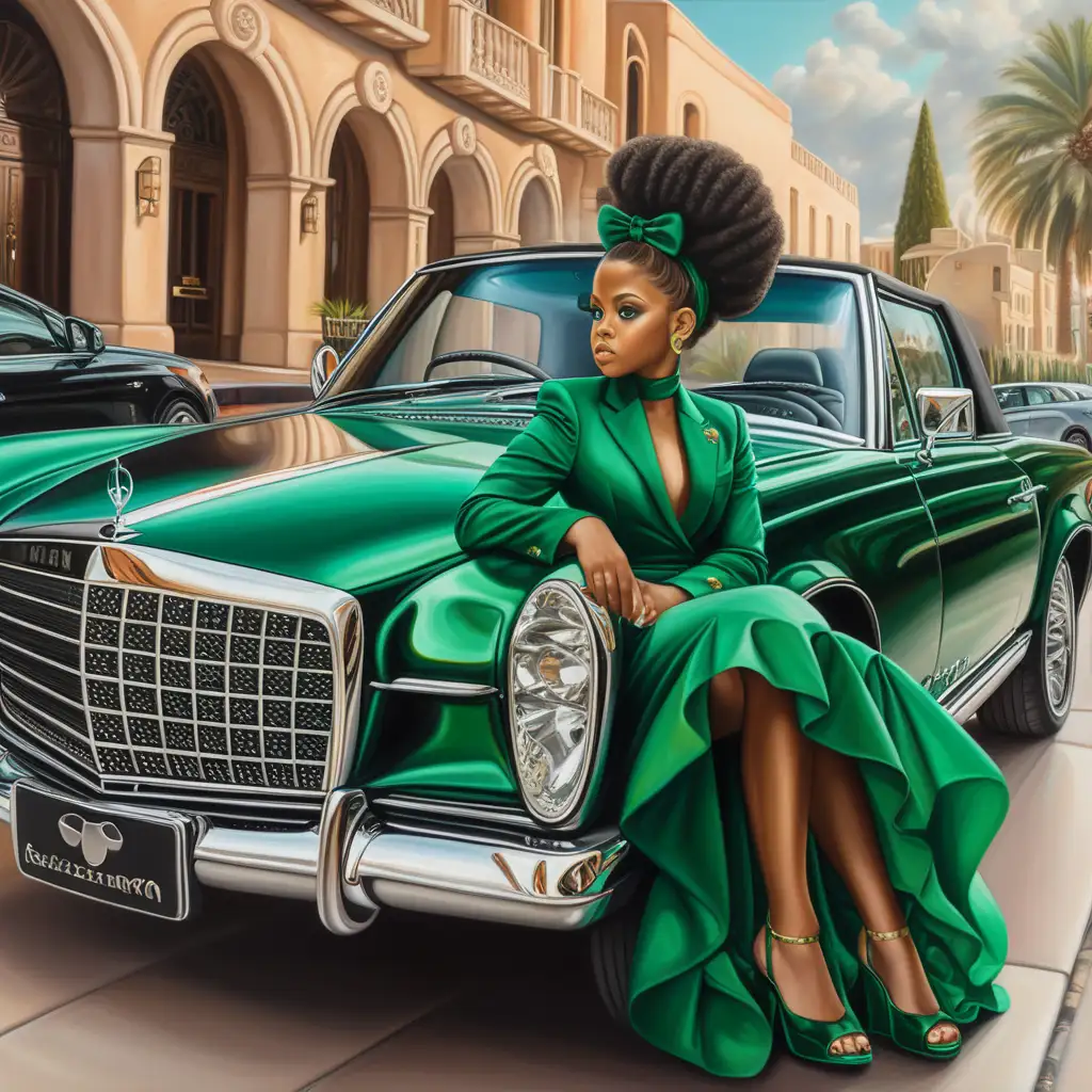 create an oil painting of a beautiful caramel black baby dressed in emerald green dress on luxury car she is wearing luxury shoes  she Afro buns on hair 