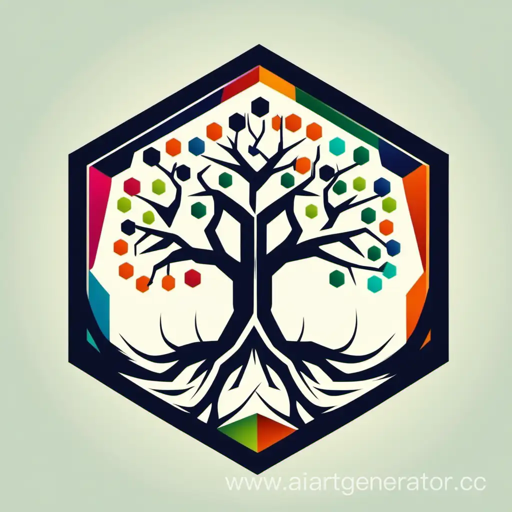 логотип с шестиугольным деревом, густыми и утончающимися ветвями, шестиугольной листвой, острыми корнями, цветное, минимализм