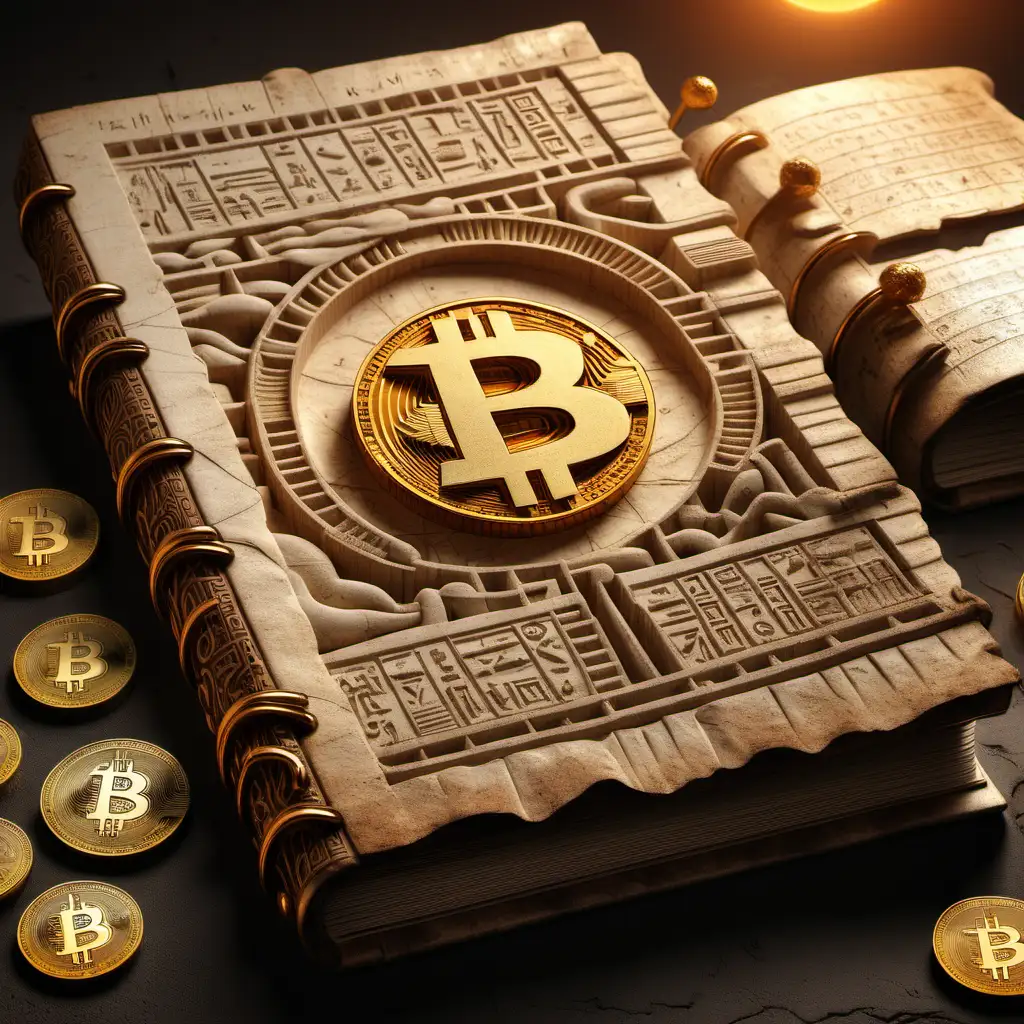 Cryptocurrency Concept Ancient Book with Bitcoin and Hieroglyphs Trac