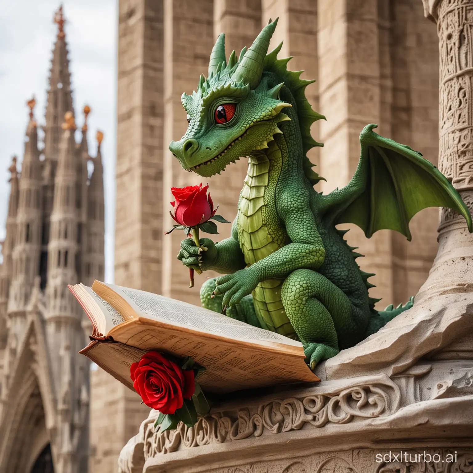 Un pequeño dragon verde con una mirada tierna leyendo un libro antiguo con una rosa roja en la mano y sentado encima de una torre del monumento de la Sagrada Familia de Barcelona