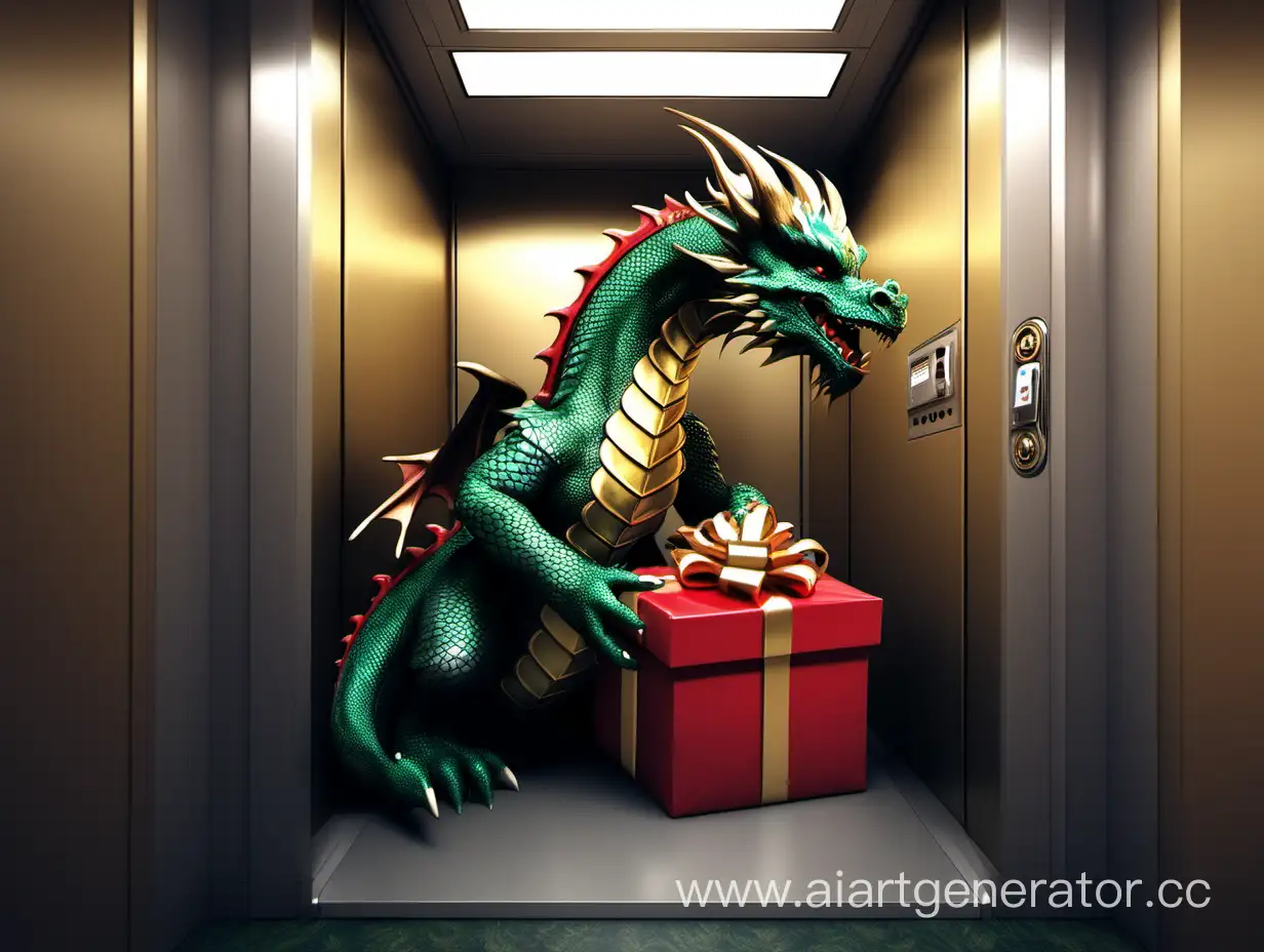Дракон едет в лифте в лапах держит подарок