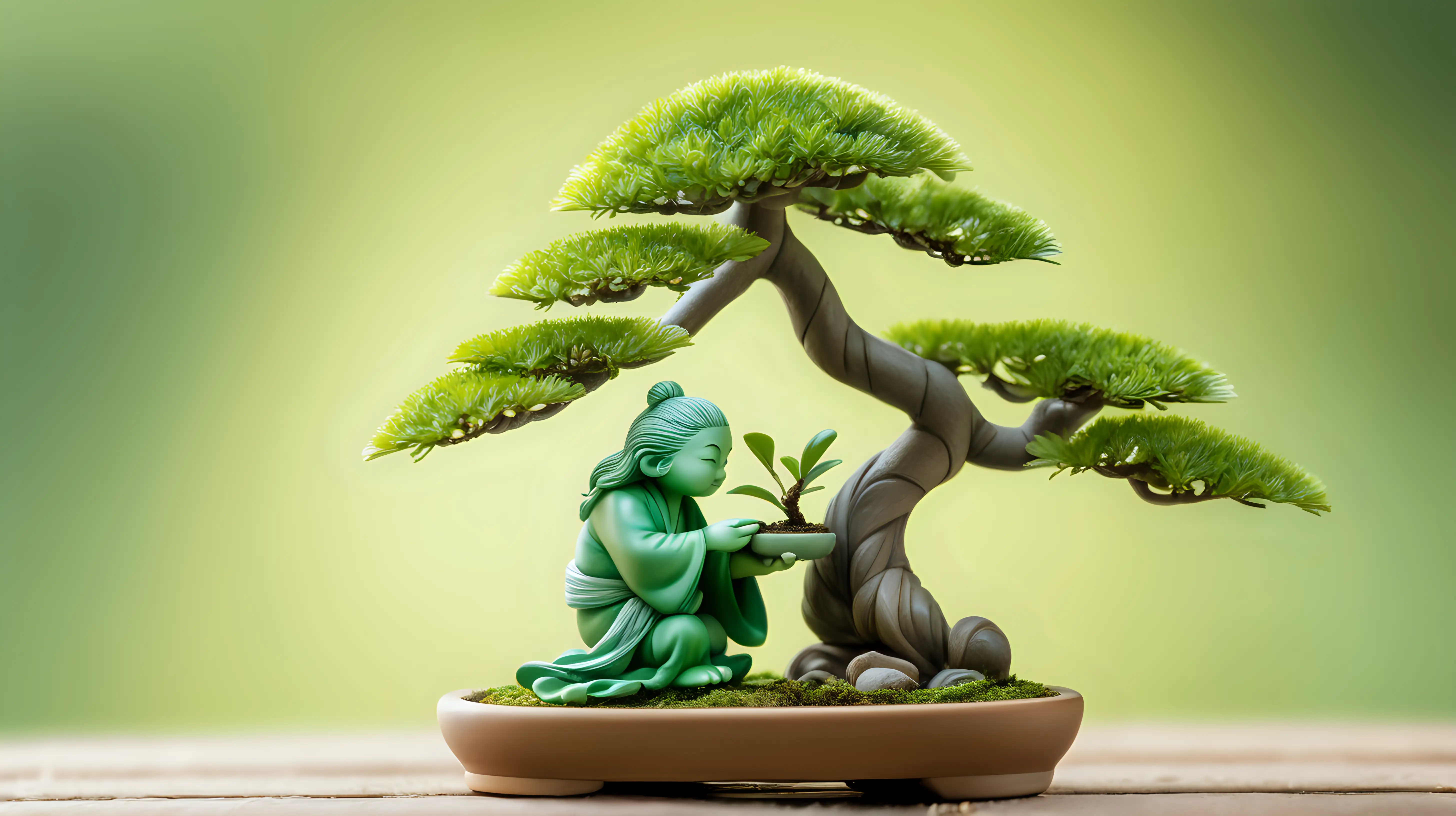 Charming Green Creature Perfecting Bonsai Art with Precise Trimming