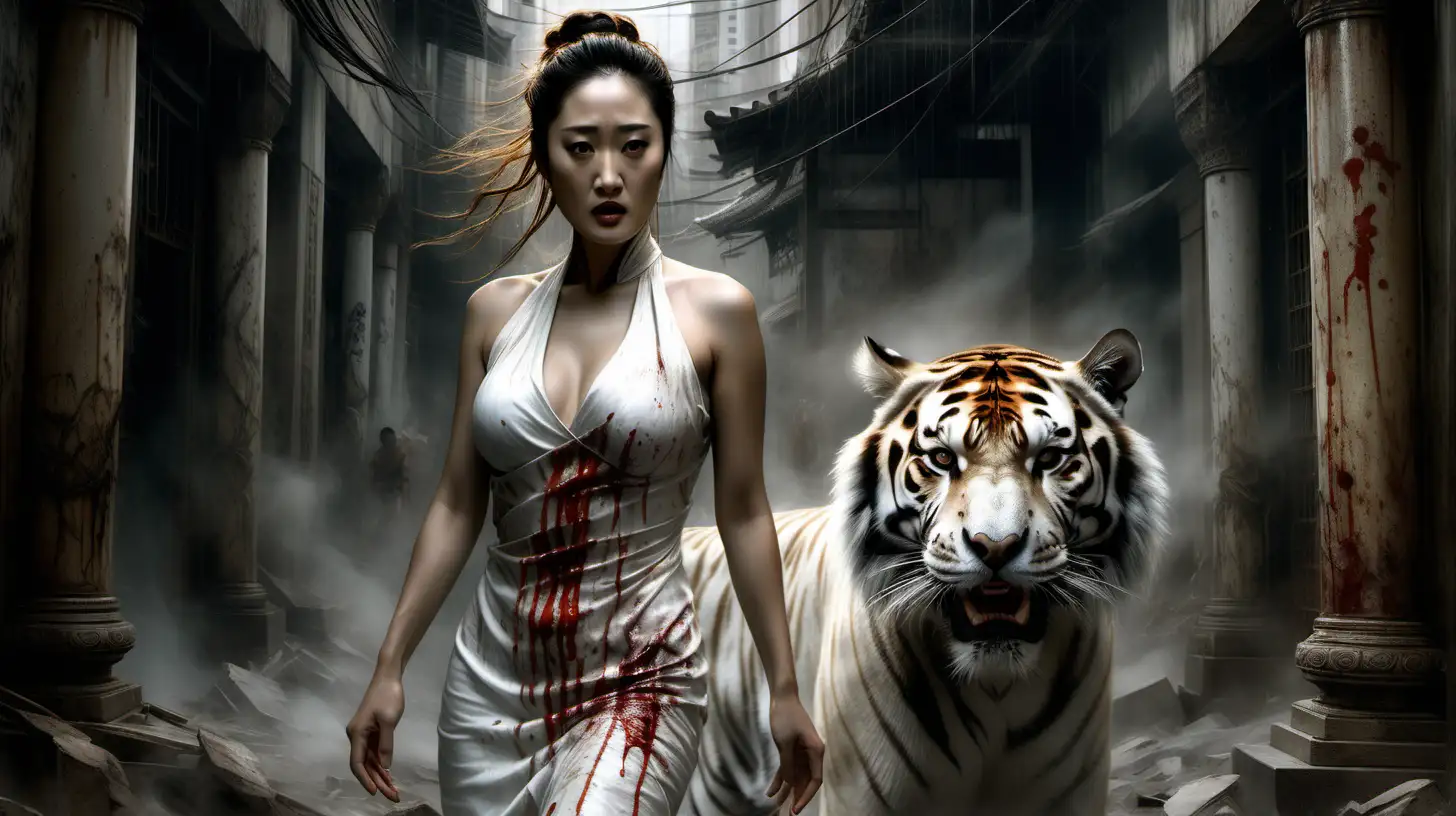 Gong Li with with frightened eyes , photorealistic digital illustration, short white and gold dress tinged with blood, leading white tiger, hyper-detailed face, cinematic composition, studio lighting, HDR quality, 5D texture, inspired by Luis Royo, Banksy, Carne Griffiths, Wadim Kashin, enveloped in a mysterious atmosphere, digital painting. 负利率波多野