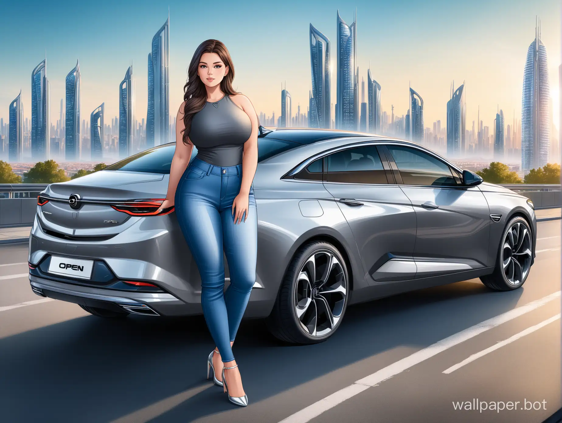 curvy brunette in jeans and high heels standing next to a opel insigna grand sport in steel color with a futuristic city in the beackground