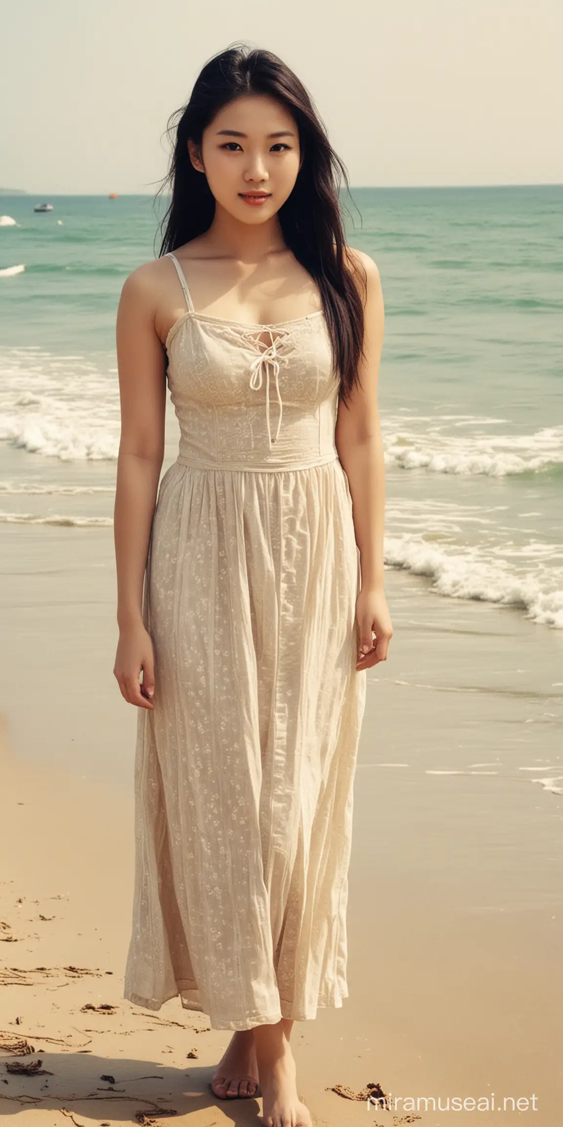 一张老照片，20岁中国美女，在海边，周围的沙滩漂亮。