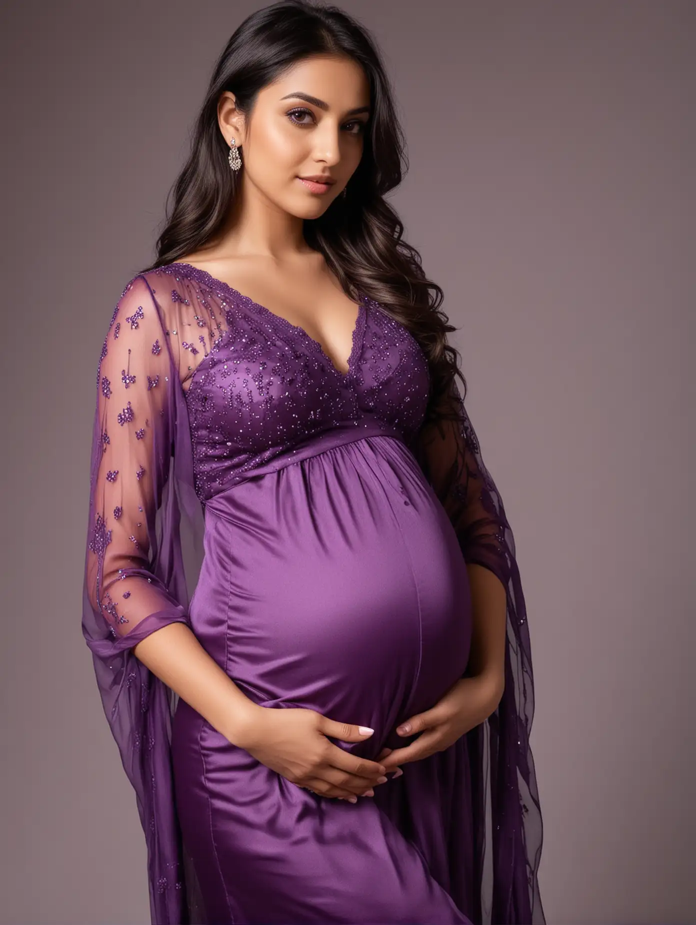 Sexy  India girl ,Exquisite facial features ，beautiful pregnant woman in purple satin dress with sheer sleeves，full body photo，she has dark brown hair and is looking into camera
