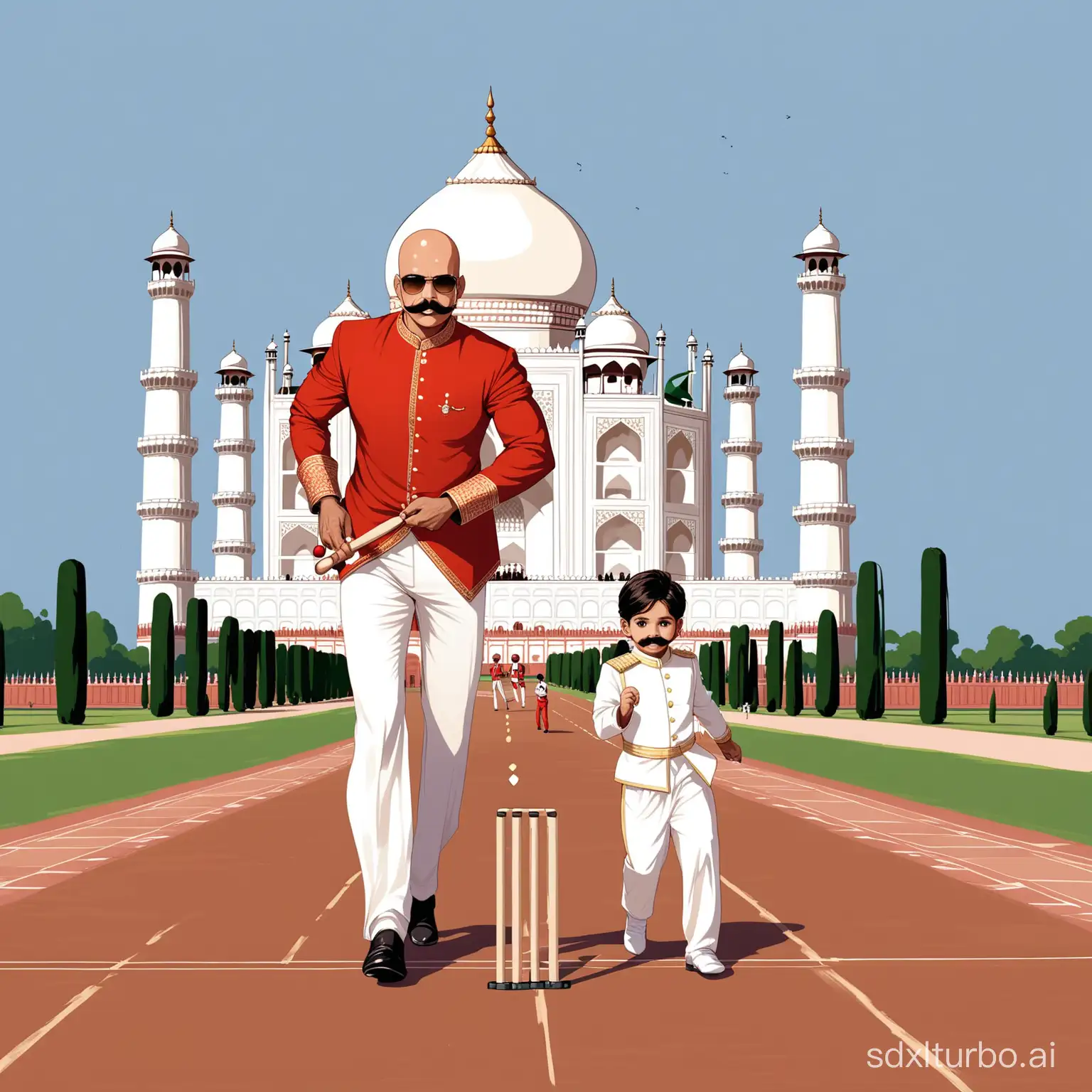 One Indian 40 year old king in royal attire bald but handsome with moustache with his little cute daughter also in royal Knight Rider dress playing cricket in front of the Taj Mahal