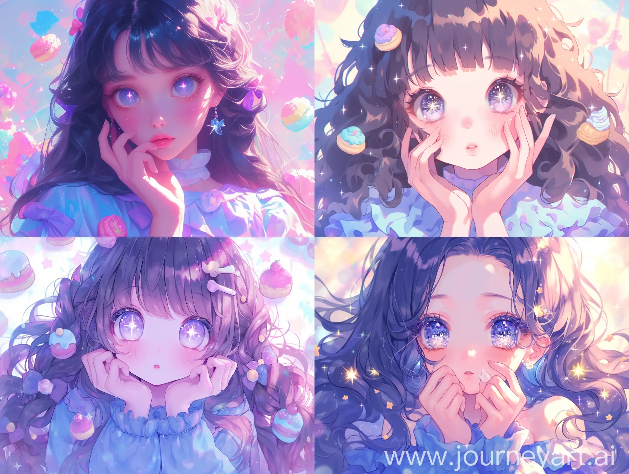 A cute girl with light black slightly curly long hair hairstyle, big anime eyes, sparkling eyes, super cute, wearing cute soft sweet dream clothes, blue and purple soft sweet dream clothes, sweet pastries, romantic charm, 32k, fairy tale anime style, kawaii art, warm background, ultra high definition quality, natural light, laser set，Textured, perfect details --niji 6 --ar 4:3