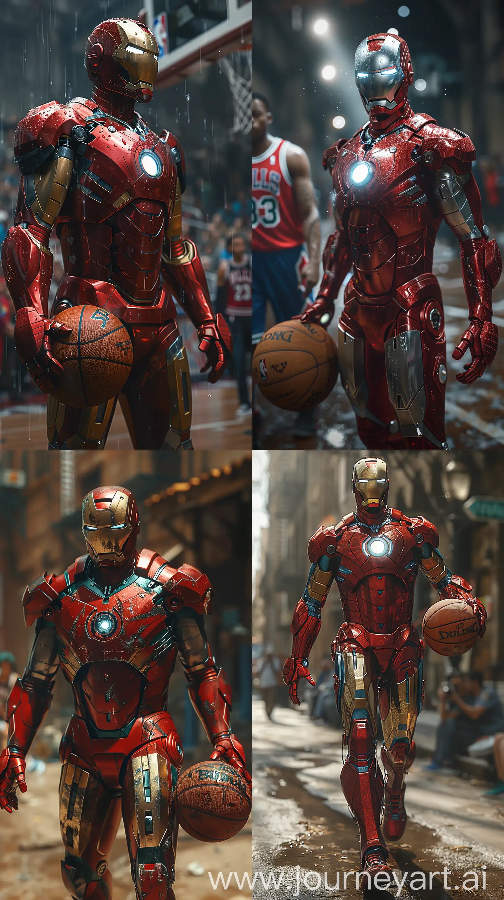Marvel's Ironman playing basketball, dressed in Chicago Bulls uniform, Chicago Bulls jersey, realistic perspective, xbox 360 graphics, surreal realism, emotive realism, eerily realistic --v 6.0 --s 750 --ar 9:16