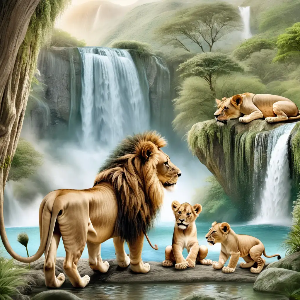 Lions Feeding Baby Near Waterfall Majestic Wildlife Scene