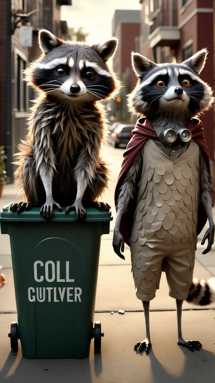 Neighborhood Narratives: Eccentric Characters Unfurled" - Craft a scene where the neighborhood's animal inhabitants showcase their unique quirks. A clever raccoon mischievously navigates a trash bin, a solemn owl offers silent judgments from its perch, and a majestic cat parades the sidewalk like a runway. The ultra-realistic portrayal should capture the essence of each character in exquisite detail, from the texture of their fur and feathers to the depth of their expressions, set against a backdrop that tells a story of a day in their life.hyper and ultra realistic