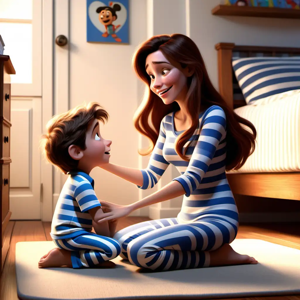 Disney pixar theme, children book illustration, 3D animation, mom with extra long brown hair and brown eyes, happily sitting on floor with son wearing blue striped pajamas, looking at each other