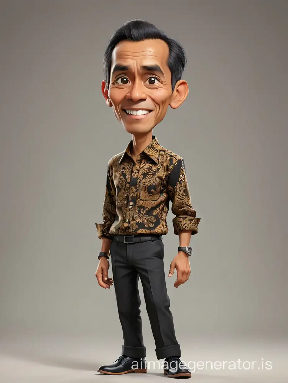 Photo realistic caricature 3D cartoon render, Jokowi  Wear a rolled up long-sleeved batik shirt, casual trousers, black shoes