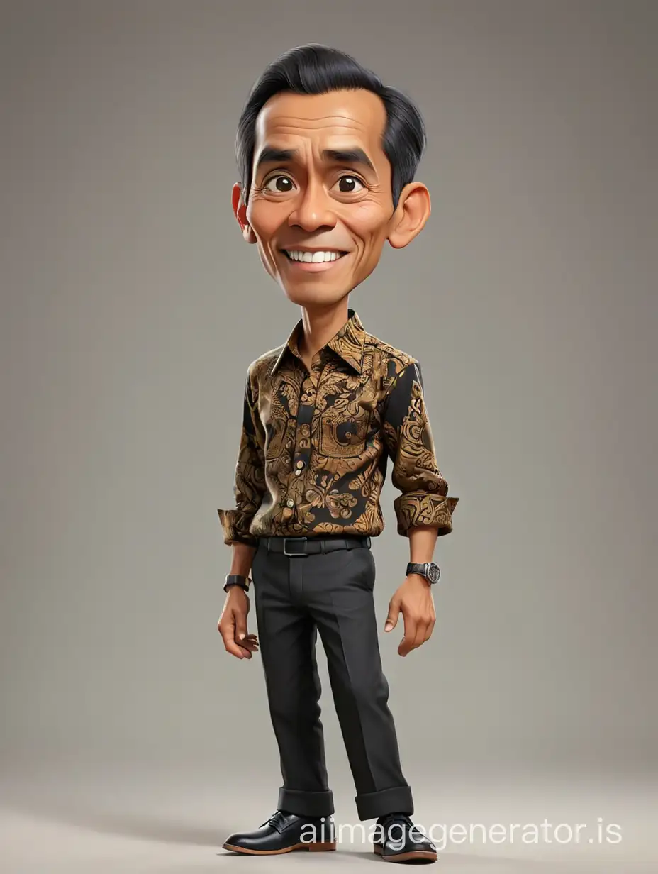 Photo realistic caricature 3D cartoon render, Jokowi  Wear a rolled up long-sleeved batik shirt, casual trousers, black shoes 