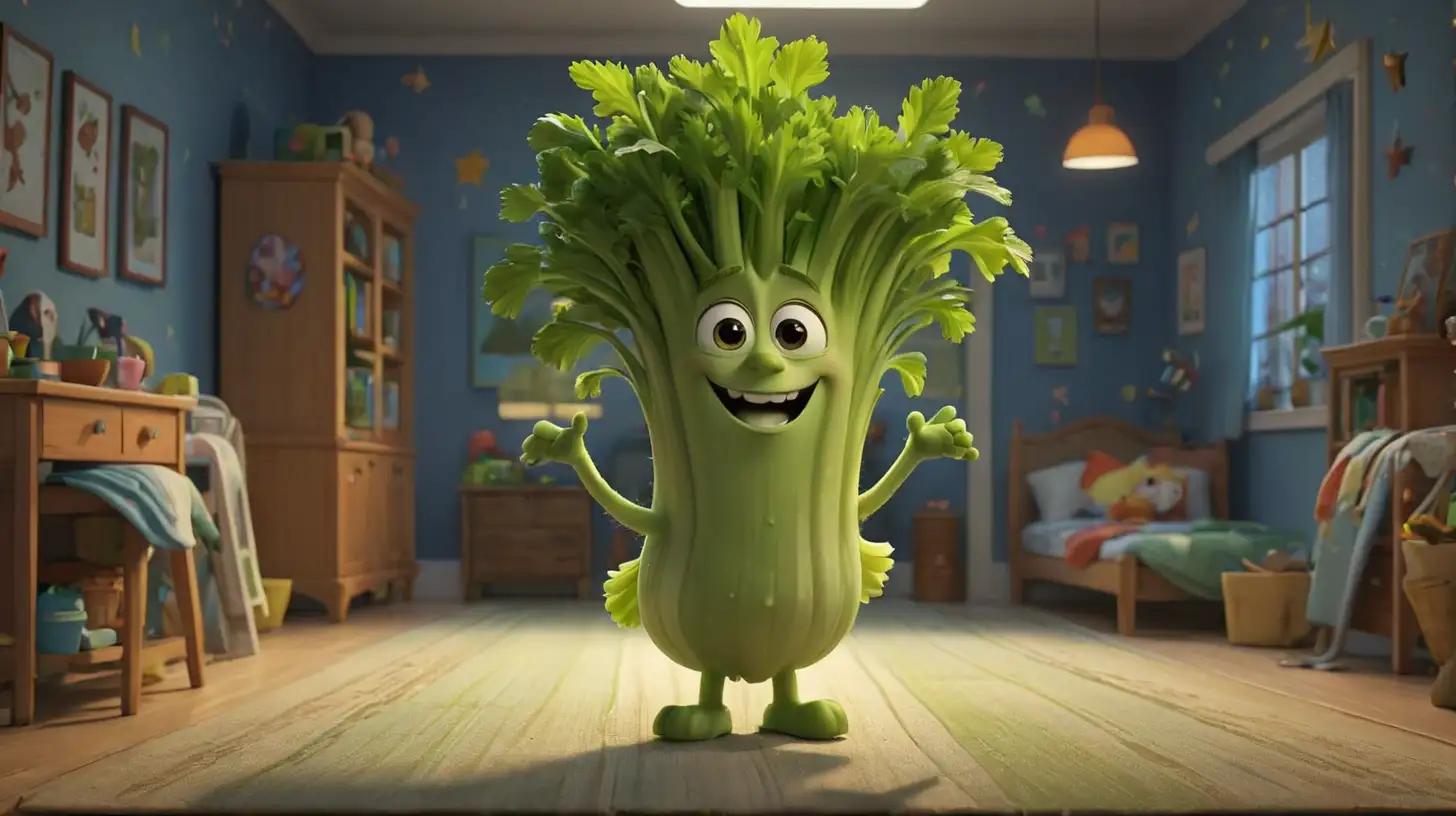 A little cute  celery walks in a children's room like it's doing a fashion show, pixar movie style, at night
