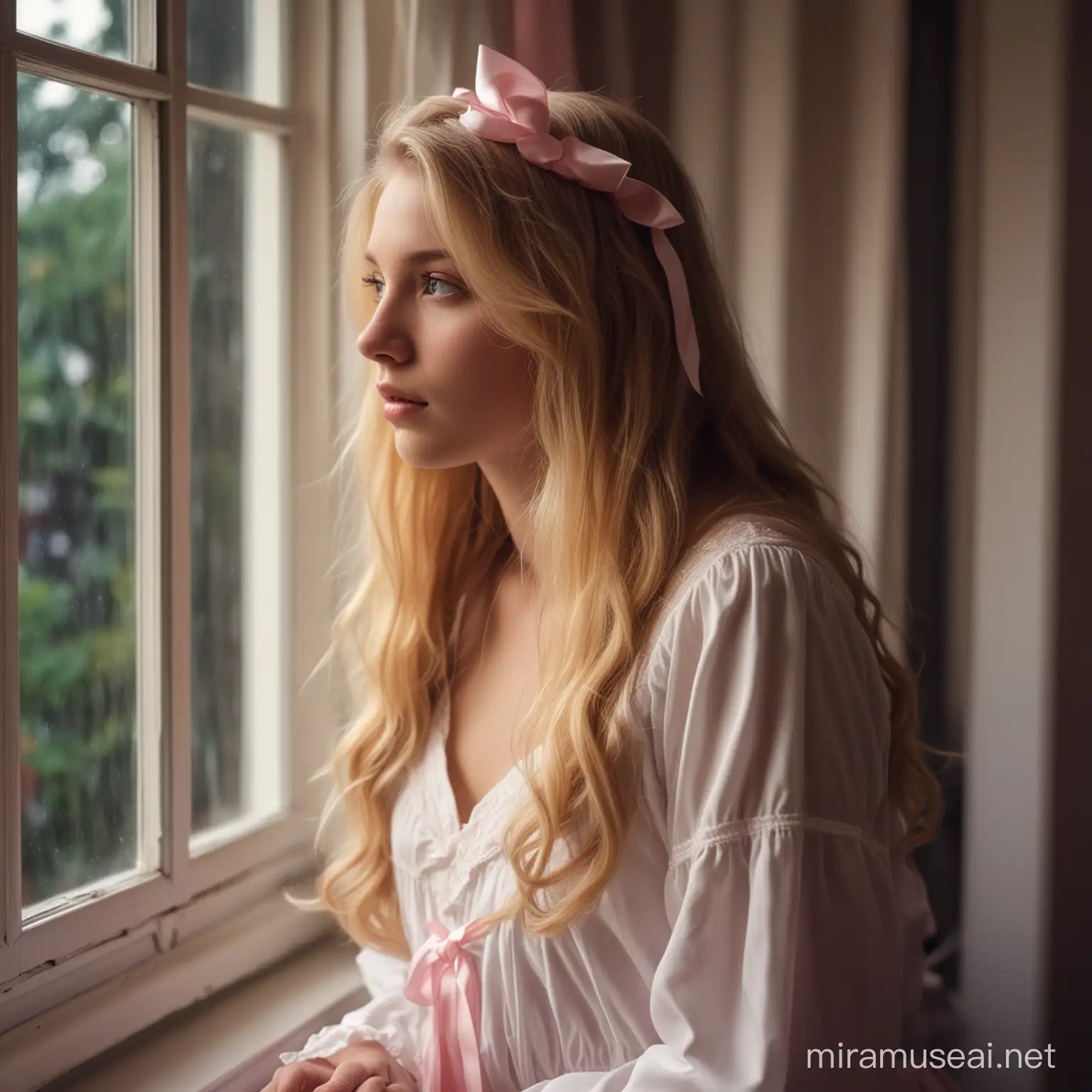 teenage girl staring outside her windowsill, in a luxurious vintage-style house, at night, thinking of her crush, she is 18 years old, long blonde hair, with pale pink ribbons, she is wearing a white night gown, somewhat lonely expression on her face
