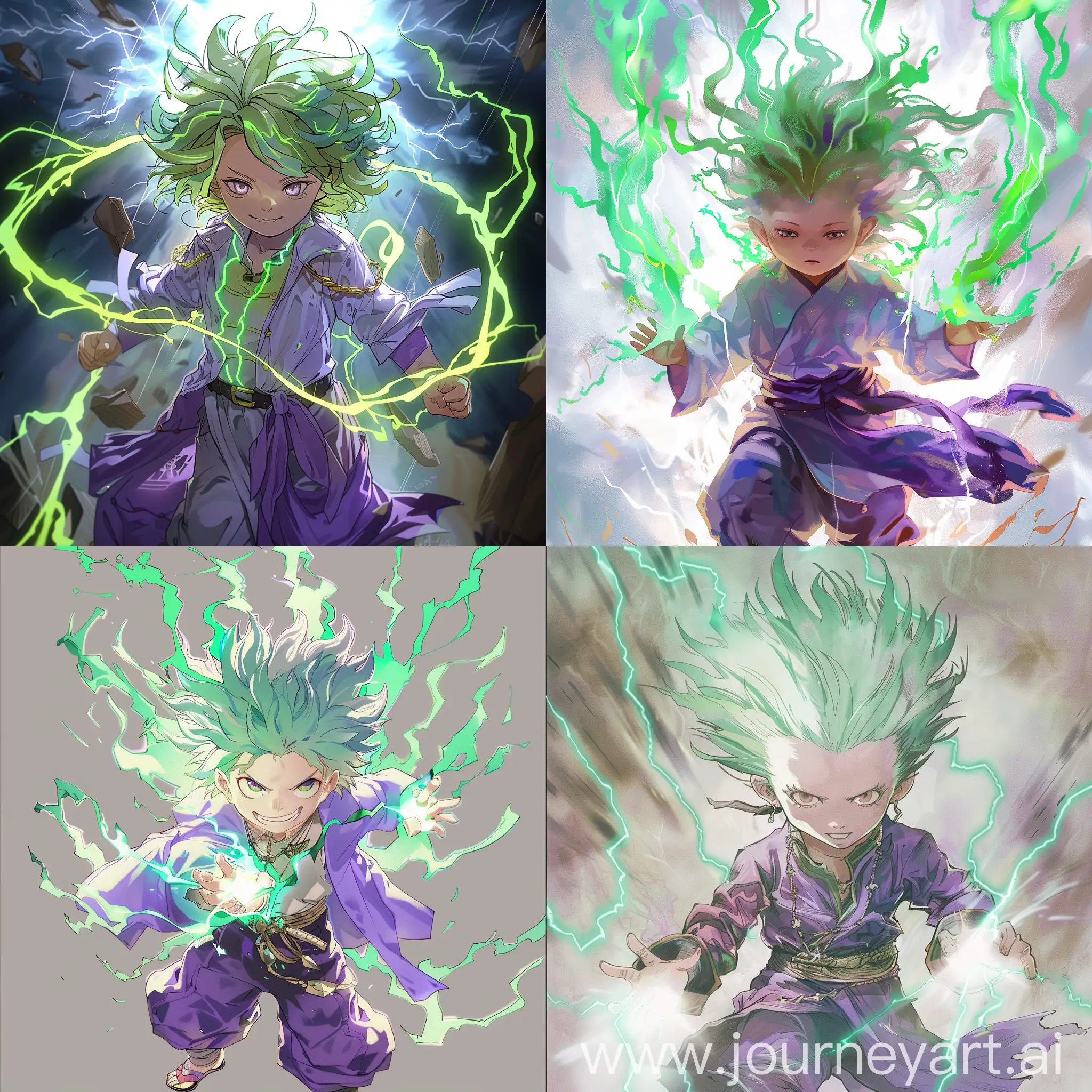 An anime style powerful transformation of a light child, with a green lightning hair and purple clothes, from a fantasy novel.