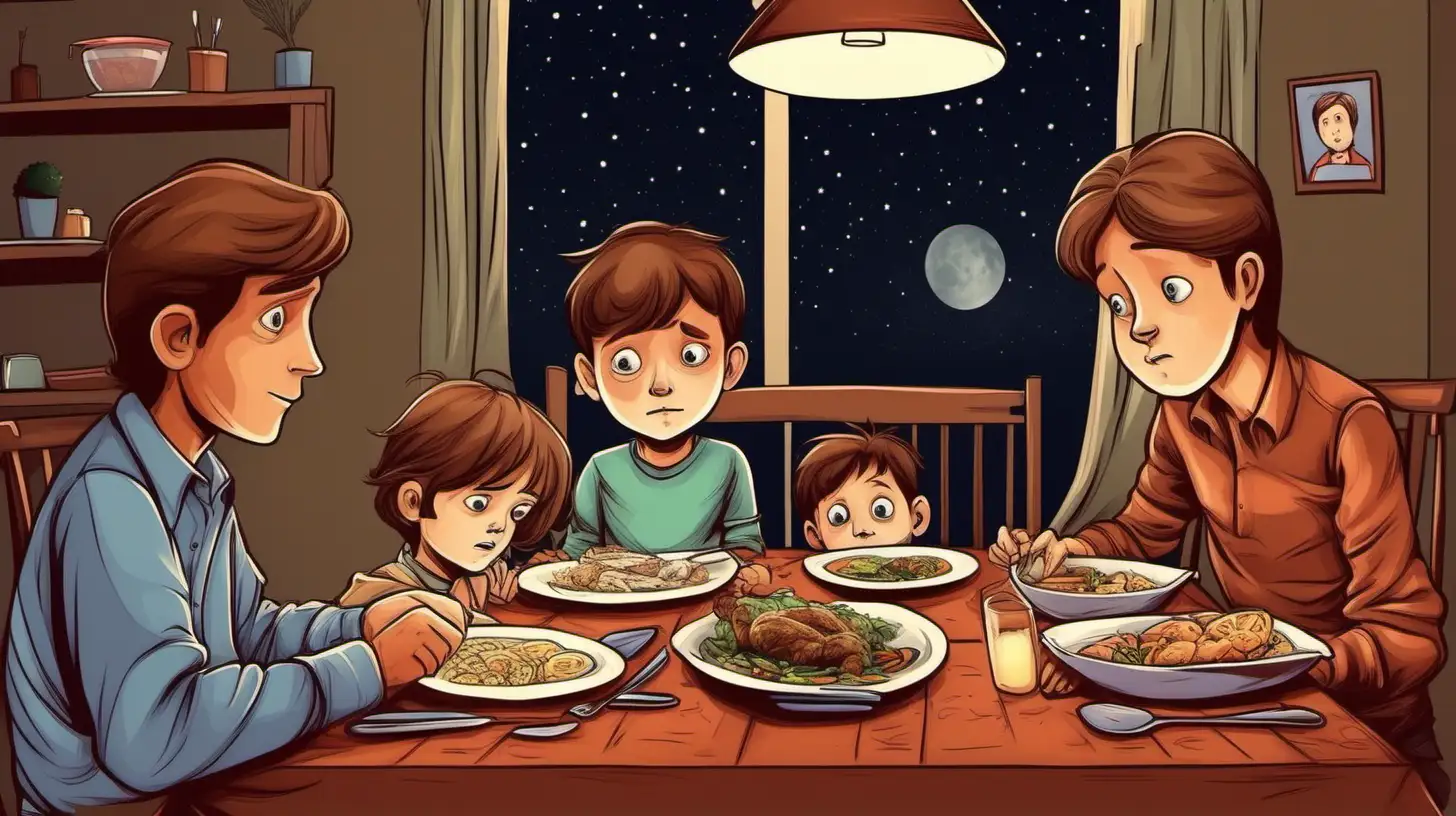 illustrate A ten years old brown hair  sad boy sitting dinner table with his joyfull family at home, night, father , mother, grandfather and grandmother