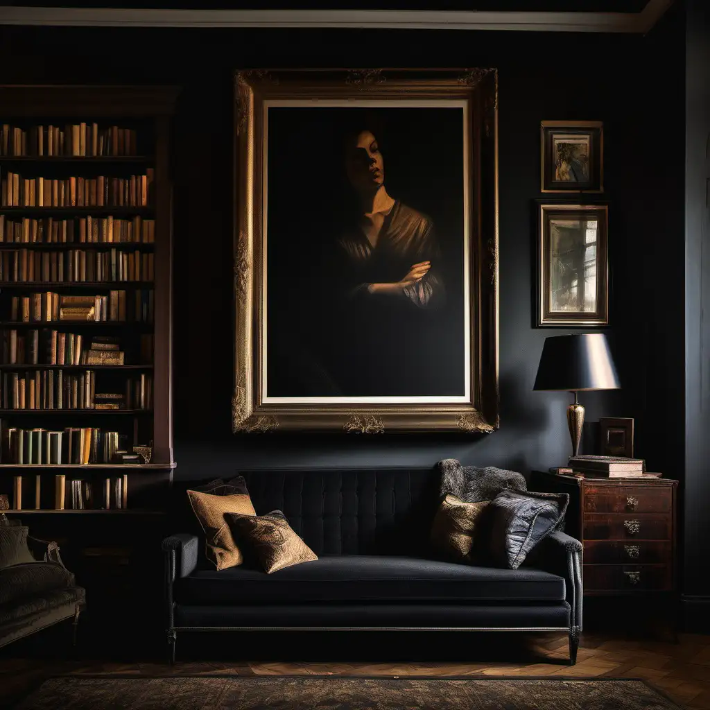 a dark and moody room with books and a vintage feel with beautiful morning light featuring a large framed painting


