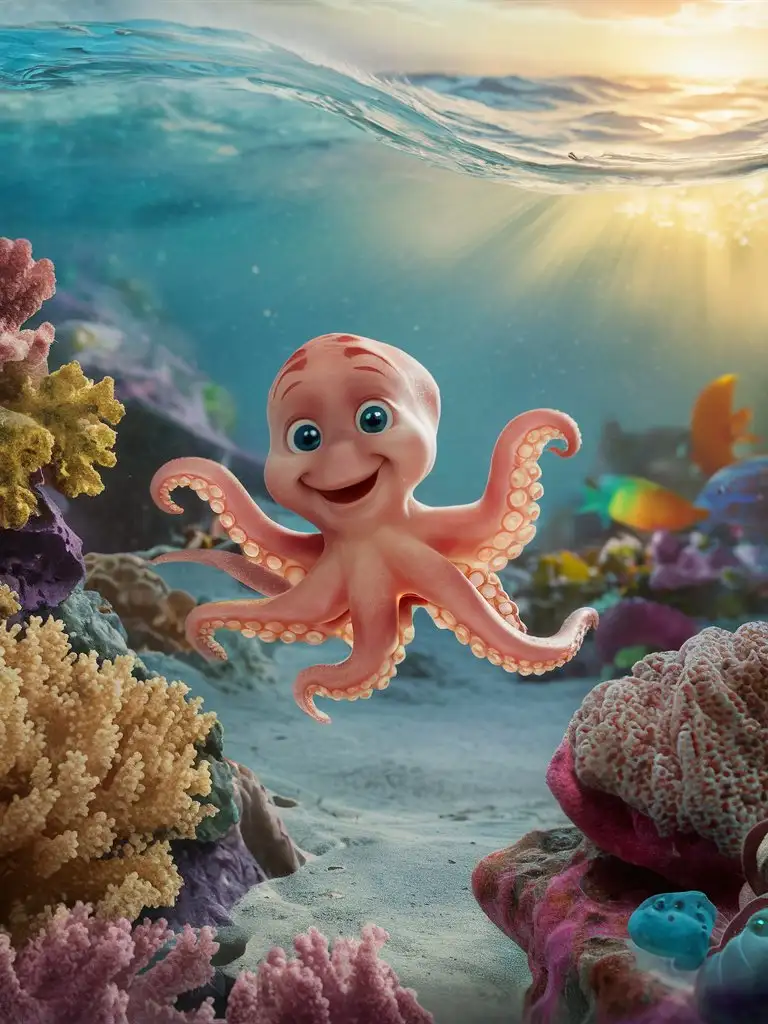 Joyful Baby Octopus Swimming in Serene Ocean Waters