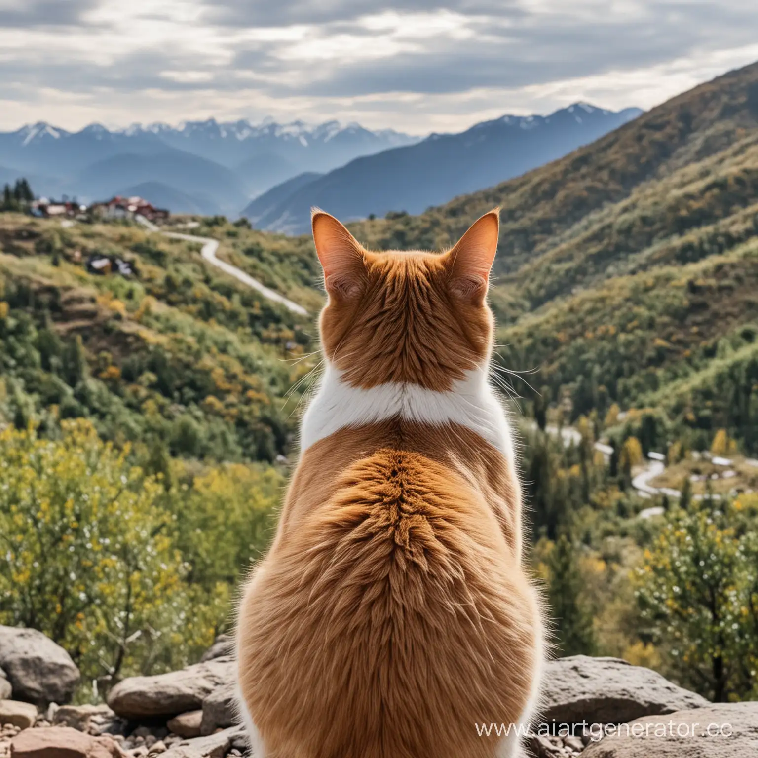 The cat is a rear view looking into the distance at the mountains