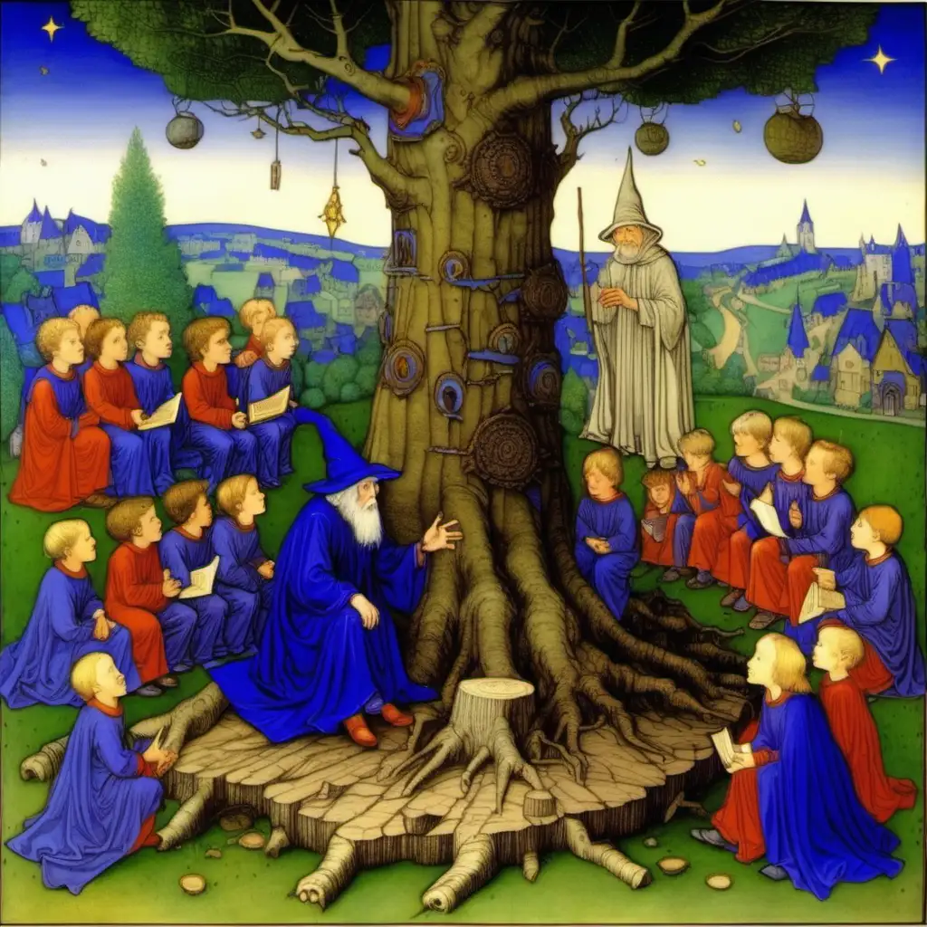limbourg brothers painting of a wizard sitting on a tree stump addressing a group of children