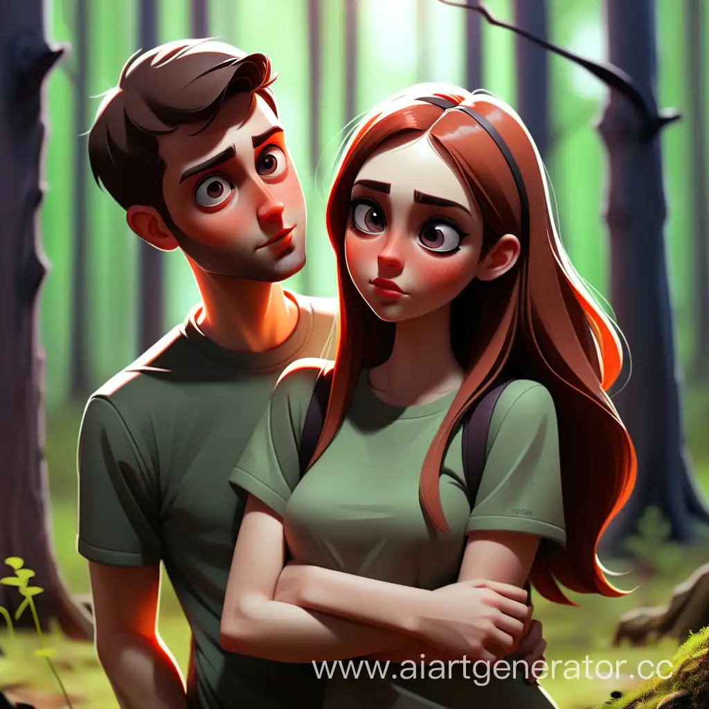 парень и девушка вместе в лесу
