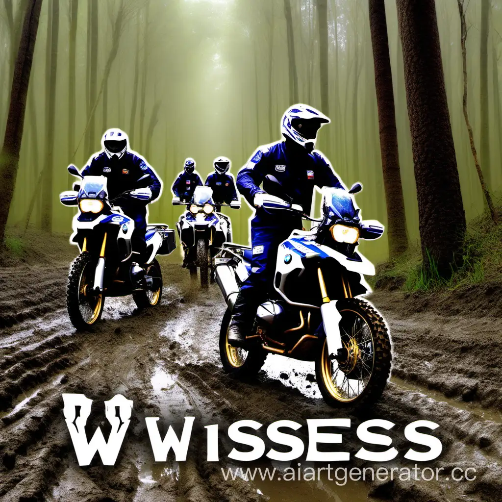 Логотип, священники на мотоциклах BMW GS 650, едут по грязи в лесу,
Надпись "Свидетели эндуро"