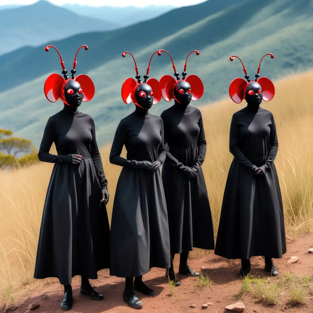 4 women part of a group that worships ants. They have black costumes that resemble ants with antennas and large red eyes. They all look down. The women are outdoors on a mountain top Savannah. Grassy mountains appear in the distance. 