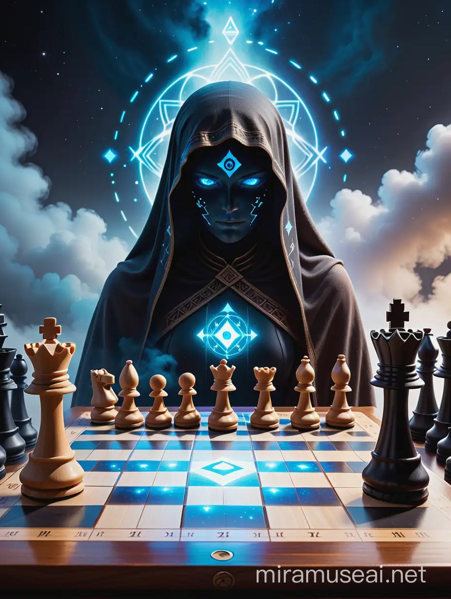 A chessboard with cosmic symbols instead of traditional pieces, behind is a dark fog with no face only glowing blue eyes