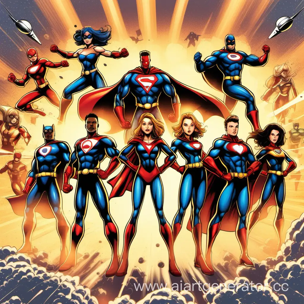 Создай картинку команды 7 супергероев, 5 из которых девочки, 2 мальчики. Супергерои в геройском костюме с логотипом буквы "А" сверху справа на теле. Герои стоят рядом друг с другом в определенных позах. На фон нарисуй взрывы и летающие тарелки
