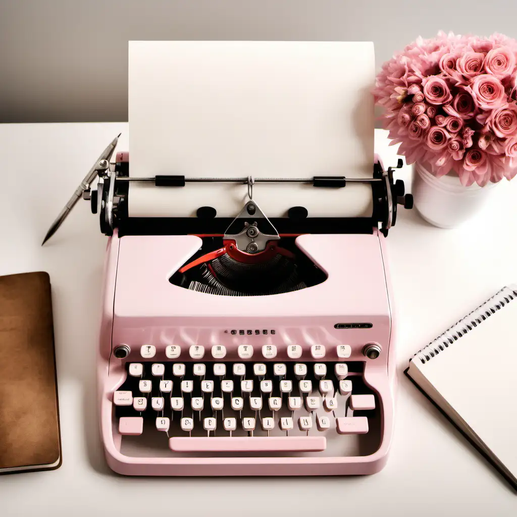 Vintage Pink Typewriter on Antique White Desk with Open Notebook and Coffee