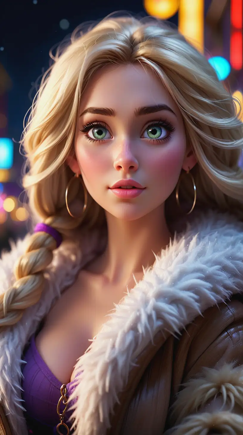 Beautiful Rapunzel, very attractive face, highly detailed eyes, big breasts, dark eye shadow, messy blonde hair, wearing a Furry coat and toboggan, with hoop earrings, close up of face, bokeh background, soft light on face, rim lighting, shoulders square to camera, walking in a city at night, neon sign lights all around, photorealistic, very high detail, extra wide photo, full body photo, super close up, head shot