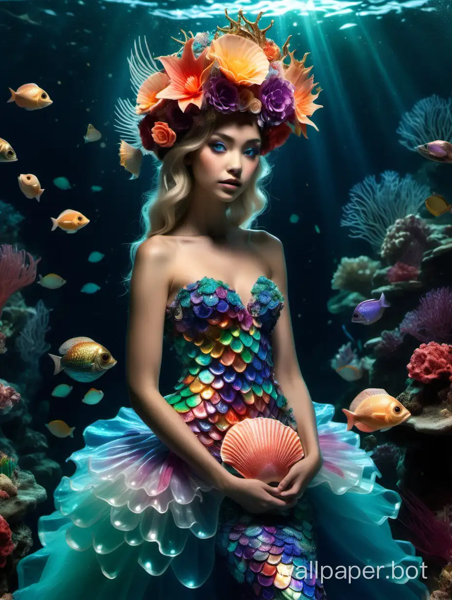 A photo taken shows a full-body composition of a young woman, wearing a large floral headpiece adorning realistic-looking shells, coral and seaweed. She wears glitter make-up that glows. Glowing skin, She wears a gown made to look like mermaid scales. rainbow scales that shine in the light. She is underwater with streaming light rays. Colourful fish and jelly fish surround her. An excellent visual focus on the headpiece and the gown, shows the girl's personality and taste, and creates a unique visual effect. Through the processing of light and details, the brightness and texture of the flowers are highlighted. Make sure that the girl's headpiece and the gown she designs complement each other, balancing and complementing each other. The final design is a real photo, and the final design should be stylish and impressive.